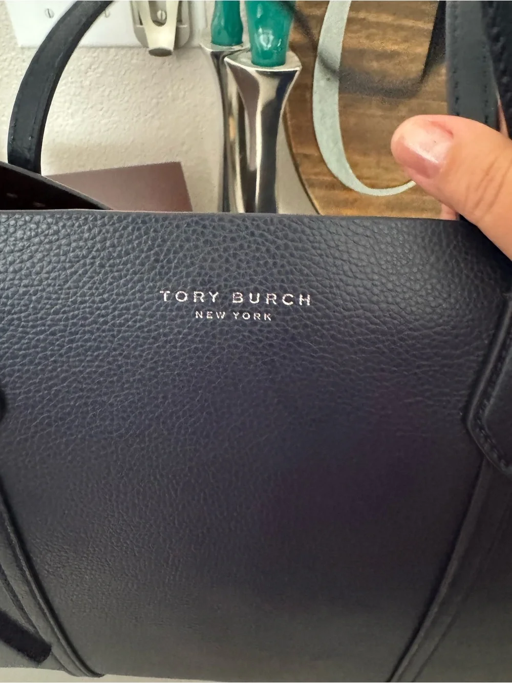 Tory Burch Perry Tote Navy Blue Leather Laptop Pocket